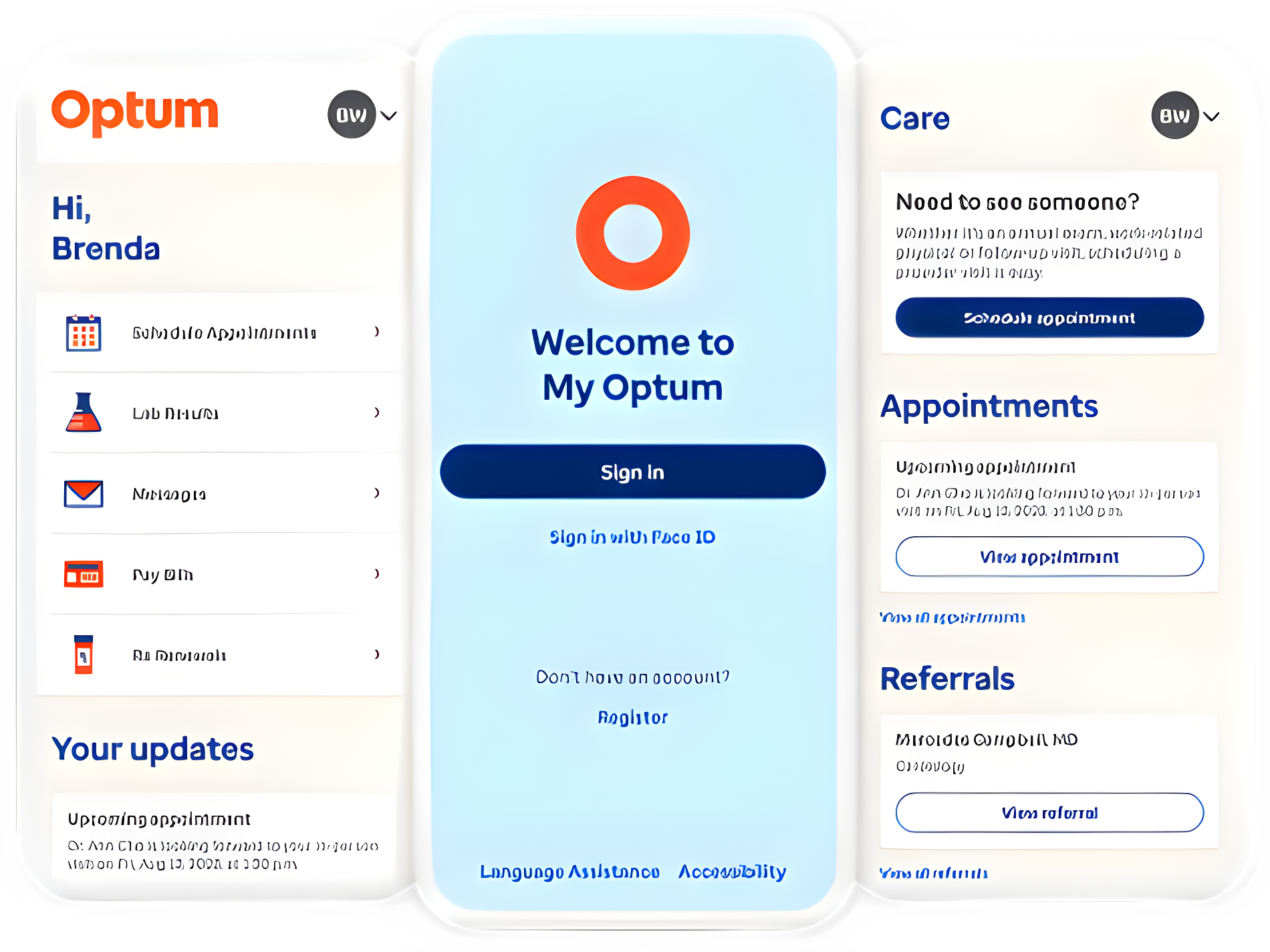 Optum app screens showing home, welcome, and care interfaces