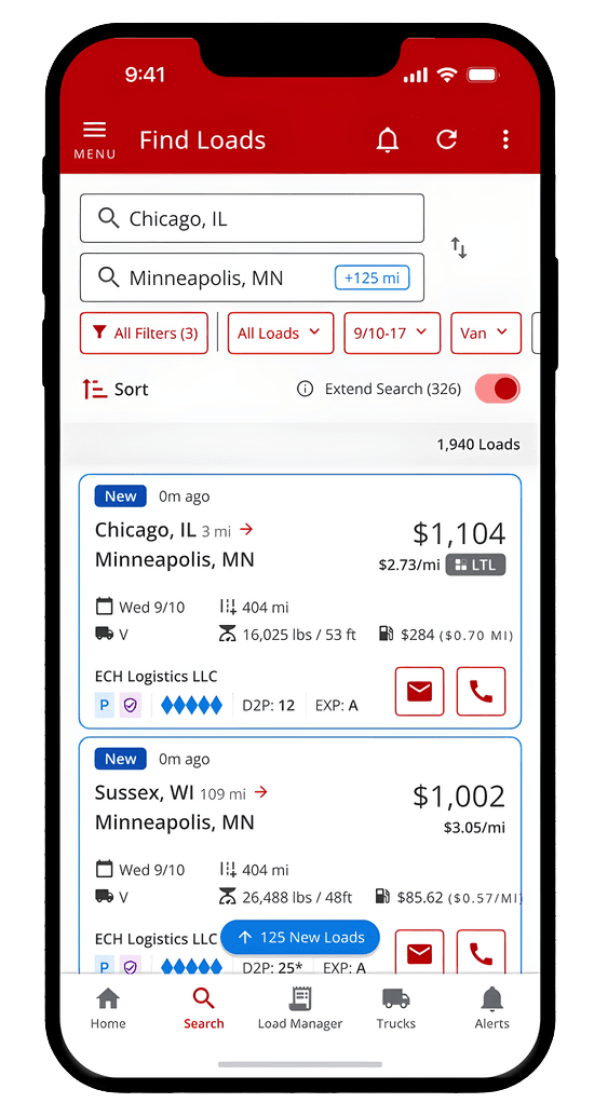 Truckstop app showing load search, rate insights, and load details